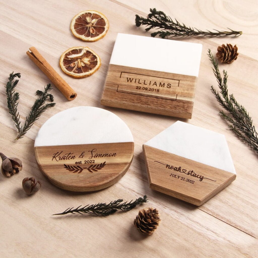 Engraved Marble Wood Coaster Set