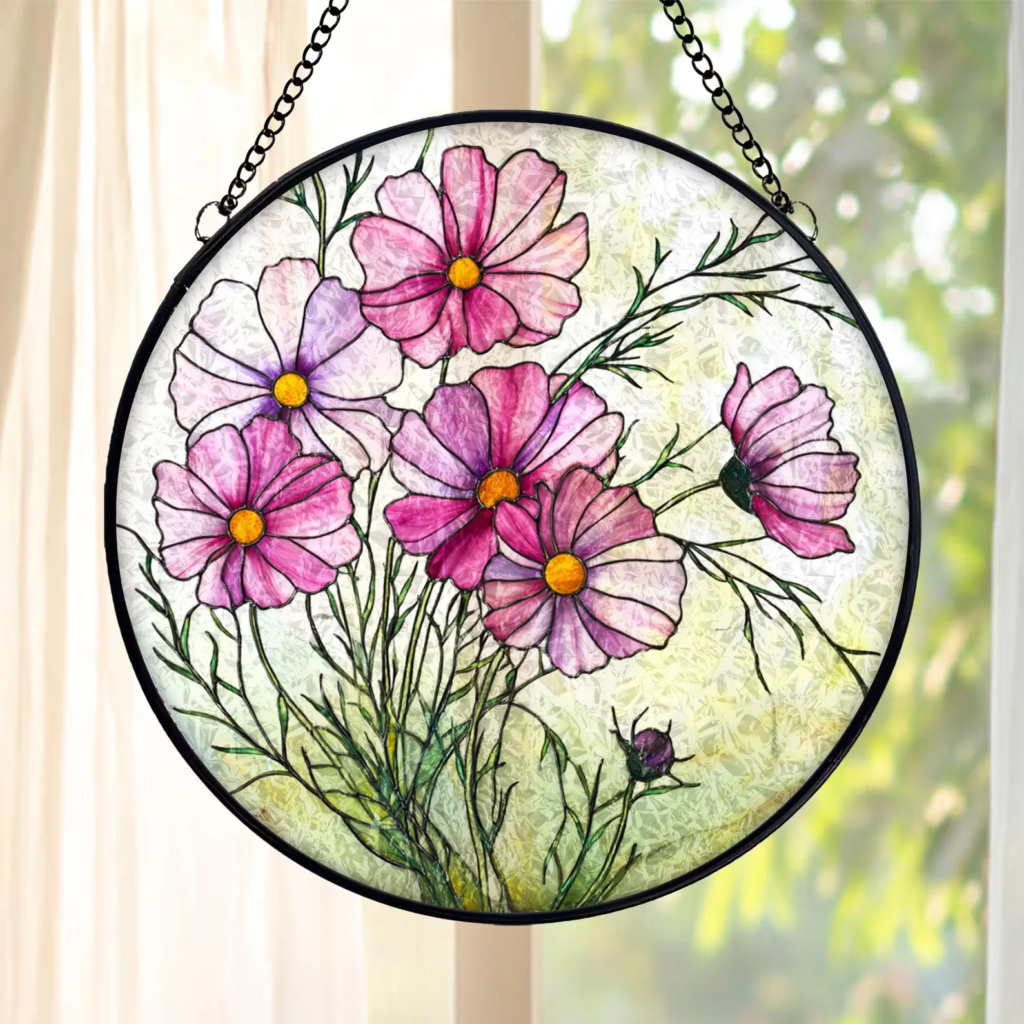 Pink Cosmos Flower Stained Glass Suncatcher